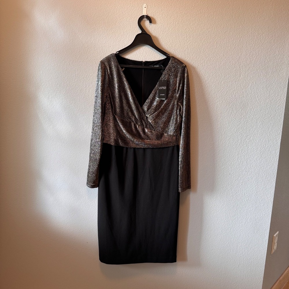 NWT Lauren Ralph Lauren Black‎ Label Metallic Long Sleeve Sheath Dress Size 12